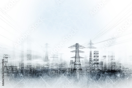 Electricity pylons and high voltage lines in a foggy forest photo
