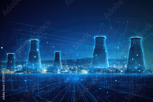 Nuclear power plant with network connection concept. 3D Rendering