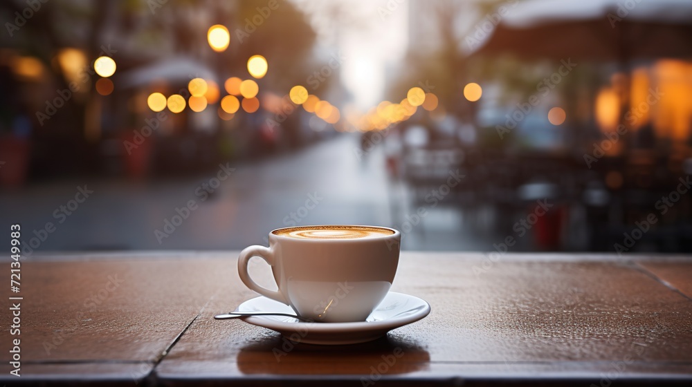 Obraz premium Hot fresh coffee on cafe table,blurred light background