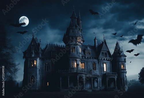 Scary gothic castle on Halloween night haunted palace or mansion for dark blue background Spooky vie © ArtisticLens