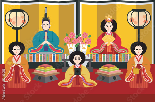 ひな祭りのイラスト　お内裏様　お雛様　金屏風