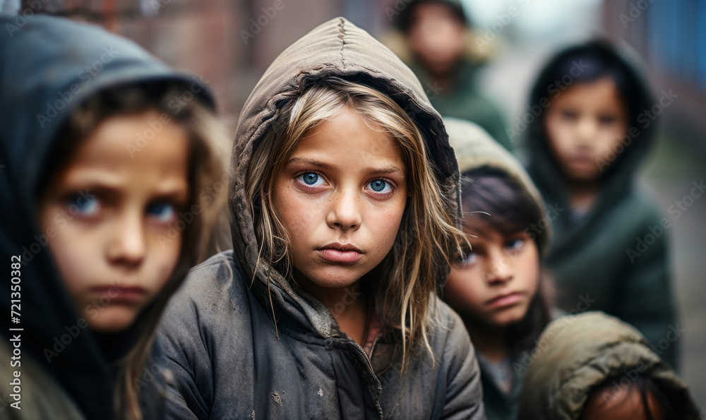 Solemn gaze of vulnerable children lined against a wall, the hardship and innocence in their eyes reflecting a poignant reality