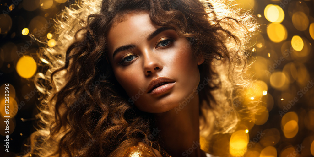 Ethereal beauty portrait of a serene young woman adorned with golden glitter, embodying elegance and luxury in a universe of shimmering gold particles Ethereal beauty portrait of a serene young woman adorned with golden glitter, embodying elegance and luxury in a universe of shimmering gold particles