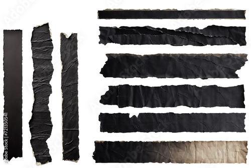 set of 9 sheets of black old and torn paper strips with different textures and patterns