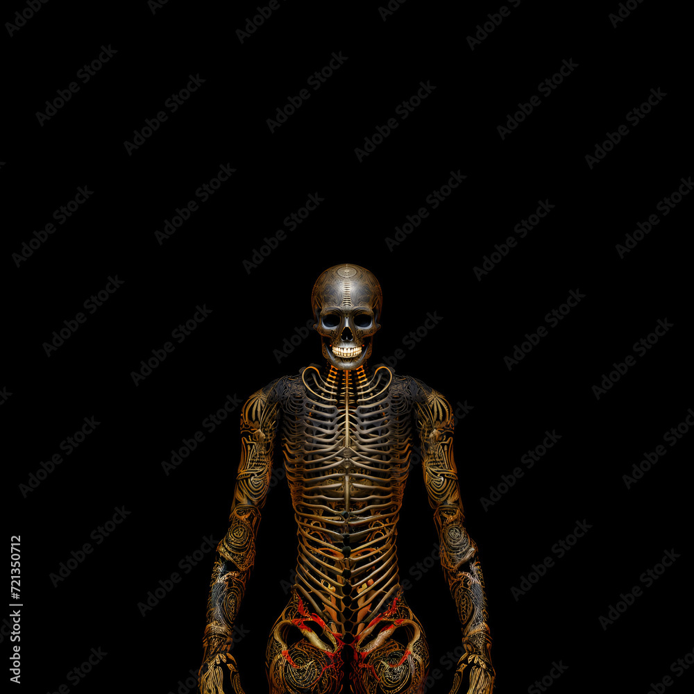 golden buddha statue, skeleton, robot, human, 3d, science, illustration, Ai generated 