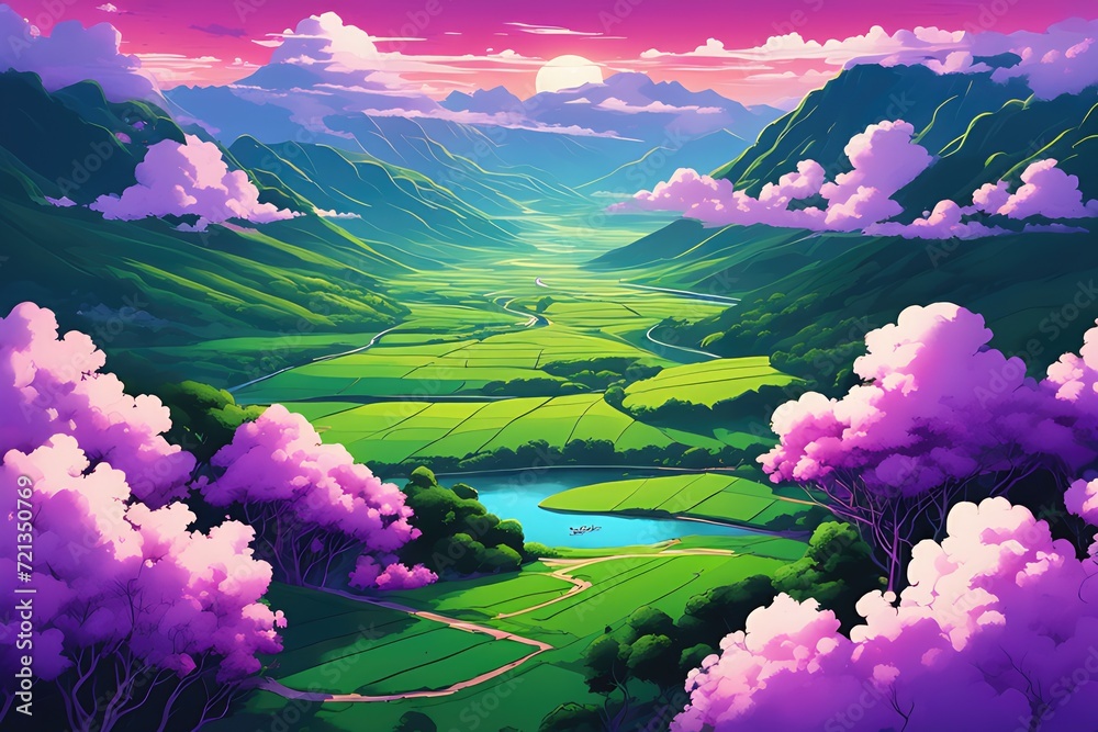 Premium landscape with river, cloud, sky background illustration. Ai generative
