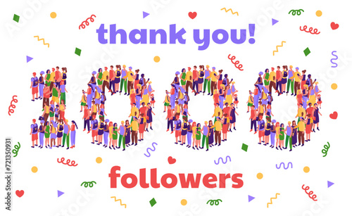 Thank you 1000 followers banner. Social media thousand subscriber milestone celebration party confetti and people crowd number isometric vector illustration
