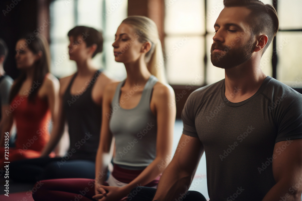 AI generated image of beautiful happy smiling calm people enjoying yoga meditation therapy relaxation AI generated image of beautiful happy smiling calm people enjoying yoga meditation therapy relaxation