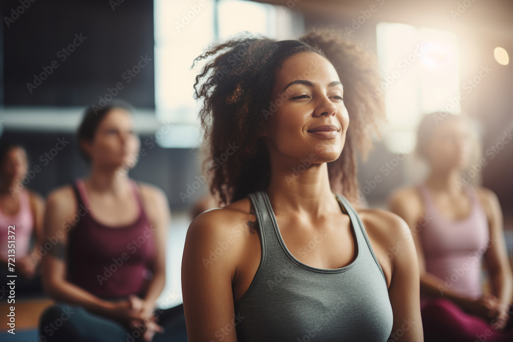 AI generated image of beautiful happy smiling calm people enjoying yoga meditation therapy relaxation AI generated image of beautiful happy smiling calm people enjoying yoga meditation therapy relaxation
