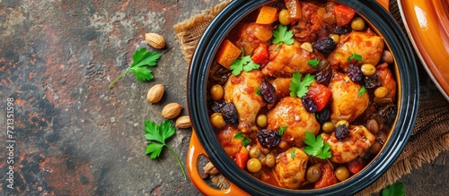 Chicken tajine with dried fruits and spices, from Morocco, seen from above. photo