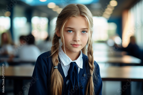 Generative ai made picture of intelligent happy smiling pupil at school classroom photo