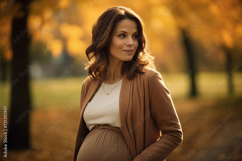 Generative ai image of lovely charming girl walking in autumn park enjoying her beautiful pregnancy Generative ai image of lovely charming girl walking in autumn park enjoying her beautiful pregnancy