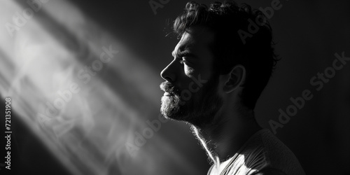 Black and white image of a bearded man in profile with rays of light creating a dramatic effect © J. Grayscale