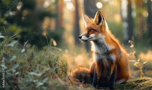 Red fox sitting on the grass in the forest