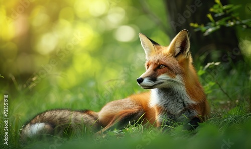 Red fox sitting on the grass in the forest © TheoTheWizard