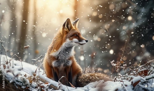 Red fox in winter forest. Beautiful wild animal in winter forest. © TheoTheWizard