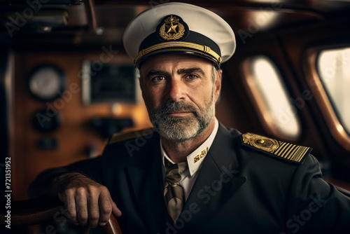 Generative AI photo of handsome confident man ship captain on a liner in the sea photo