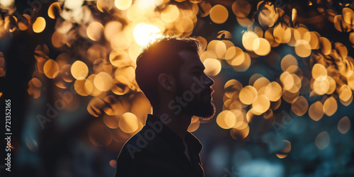 Man in his late 20s with a beard profiled against a sunset, surrounded by golden bokeh orbs photo