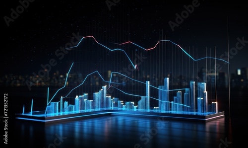 Abstract blue background with glowing graphs and diagrams. Technology concept