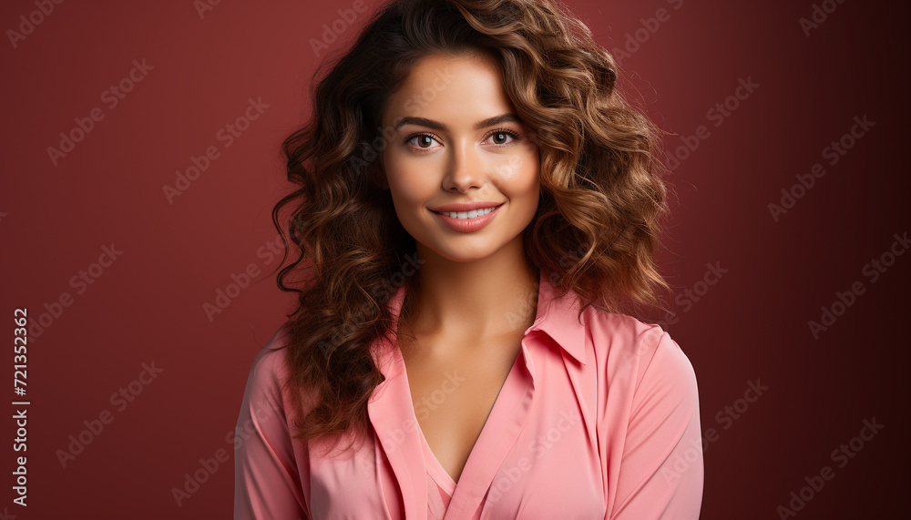 Beautiful young woman with curly brown hair smiling at camera generated by AI Beautiful young woman with curly brown hair smiling at camera generated by AI