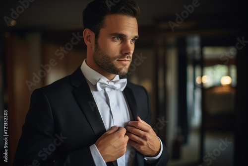 Generative ai collage photo of gentleman groom prepare for wedding wear tuxedo