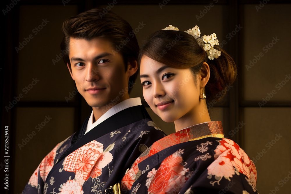 Portrait made with generative AI of charming chinese couple celebrating their wedding ceremony in kimono Portrait made with generative AI of charming chinese couple celebrating their wedding ceremony in kimono