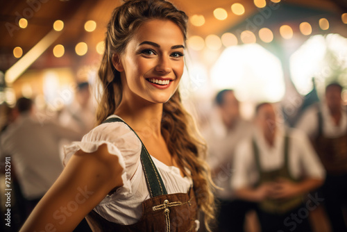 AI generated picture of a woman wearing traditional bavarian costume celebrating beer octoberfest