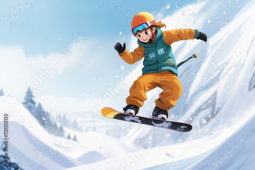 a snowboarder is in the air, grabbing their board with one hand and extending the other arm for balance. They are wearing a green vest, orange helmet, and goggles. The background features a snow-cover © Andrea Berini
