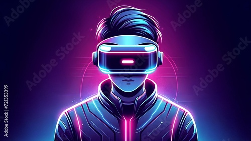 man in modern VR goggles interacting with virtual reality against colorful purple background