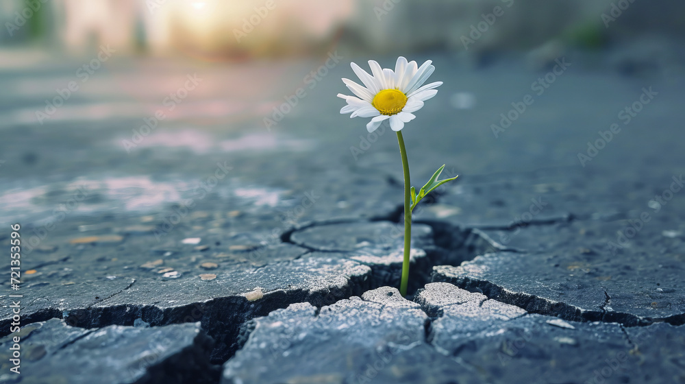 Concept with a daisy flower growing from a crack in the asphalt in the city center. - obrazy, fototapety, plakaty 
