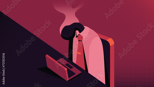 Burned Out at Work, Businessman with a Head like a Matchstick Burns out Flat Vector Illustration Concept