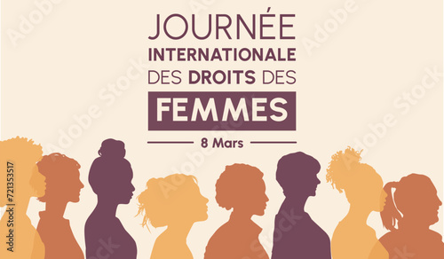 Journée internationale des droits des femmes - 8 mars - Bannière vectorielle présentant différents profils de femmes modernes de différentes cultures - Égalité féminine - Design moderne poétique 