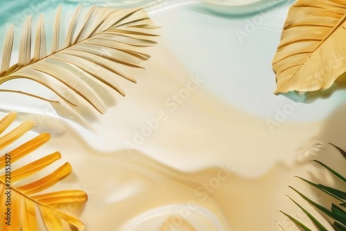 Gold Tropical yellow palm leaves monstera on Trendy abstract background flat lay top view minimal concept, long leaves with thorn against colored background. banner designs and product mockup banner.