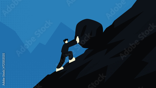 Attempt an Uphill Task, Businessman Pushing a Rock up a Mountain Flat Vector Illustration Concept