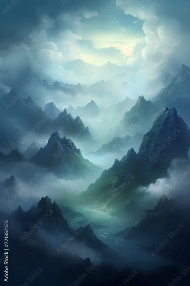 Ethereal Mountains Shrouded in Mist and Moonlight