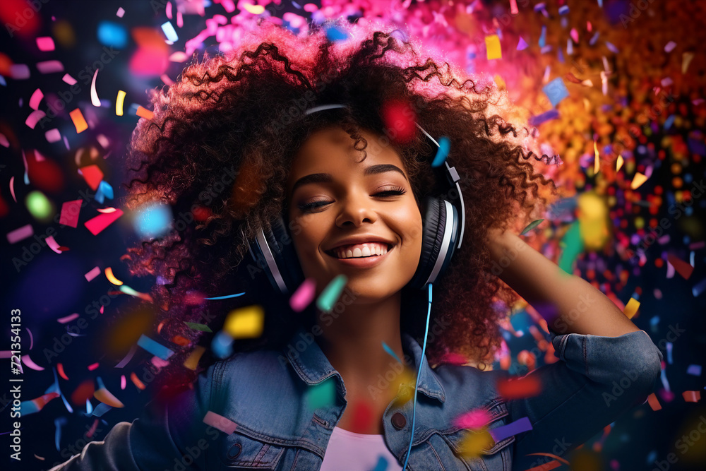 Portrait of a young beautiful woman with headphones isolated on vibrant colorful backdrop generative AI