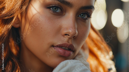 Close-up of a young woman's face, highlighting her unique beauty and the natural details of hyperpigmentation on her skin.