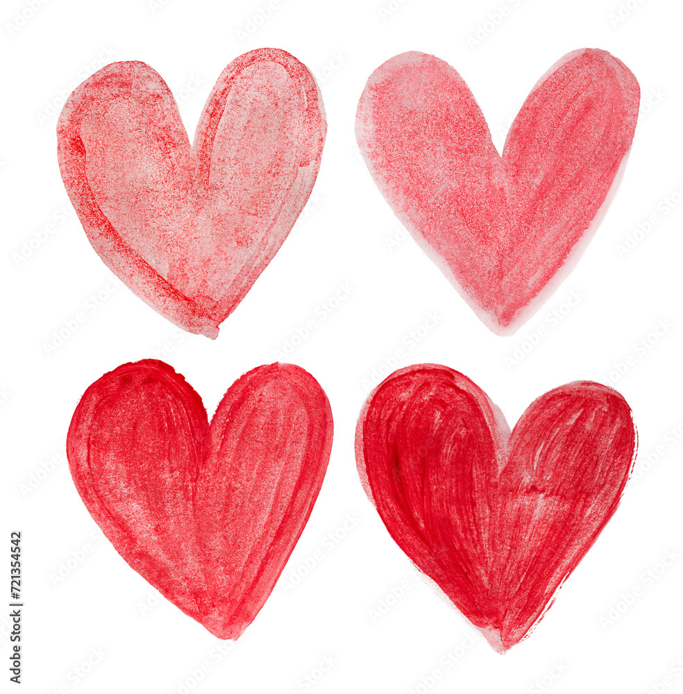 four watercolor hearts, on a white isolated background