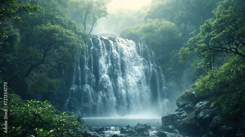 A cascading waterfall carved its path through the lush forest, a symphony of nature's relentless creativity.