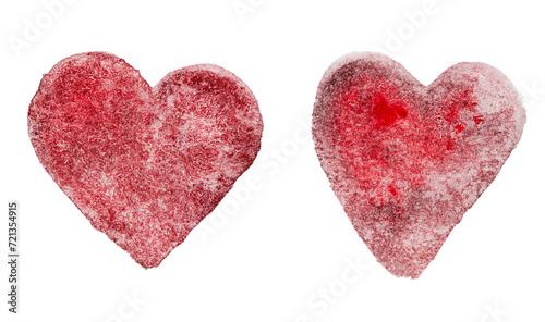 two burgundy hearts drawn with watercolor paints on a white isolated background