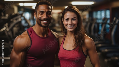 Ecstatic athletic pair showcasing their strength post exercise in a fitness center and gazing at the lens.