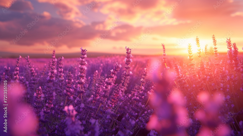 Fields of lavender swayed in the gentle breeze, releasing fragrant whispers into the serene countryside. - obrazy, fototapety, plakaty 