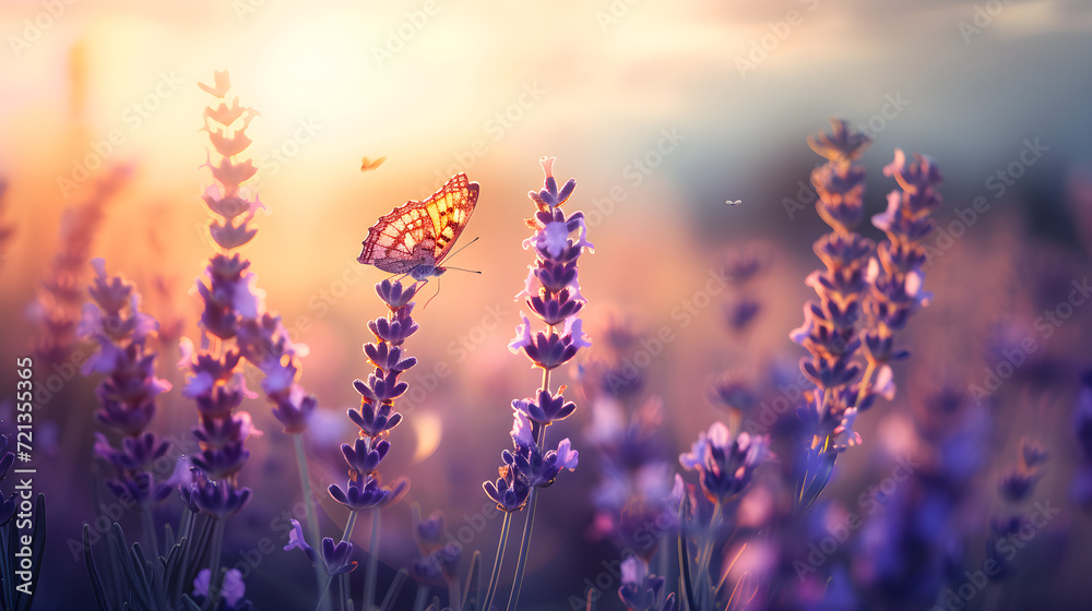 Naklejka premium A beautiful red butterfly sits on a beautiful lavender flower in a lavender field