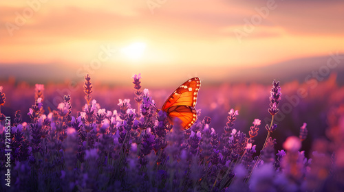 A beautiful red butterfly sits on a beautiful lavender flower in a lavender field at sunrise © Taisiia