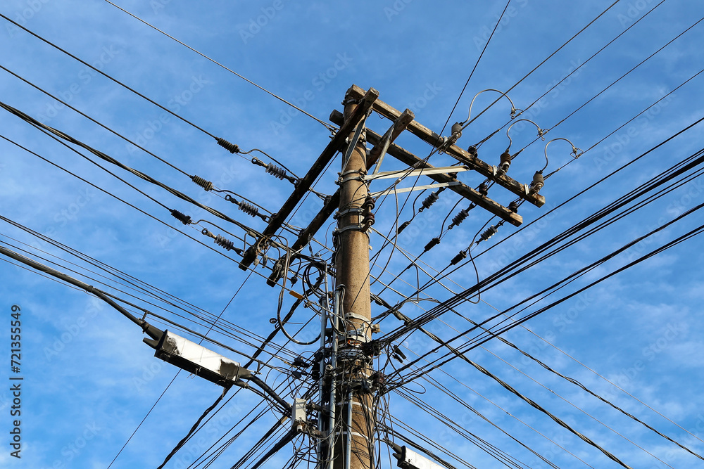 pole and cables for electricity, telephony and fiber optics pole and cables for electricity, telephony and fiber optics