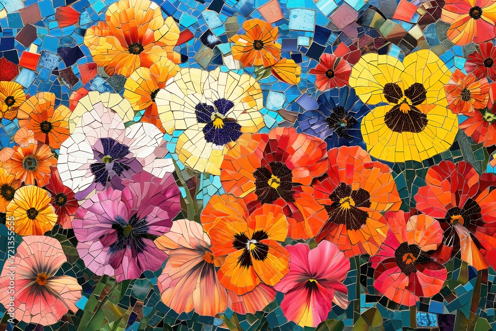 mosaic of pansy flowers, beautiful floral background