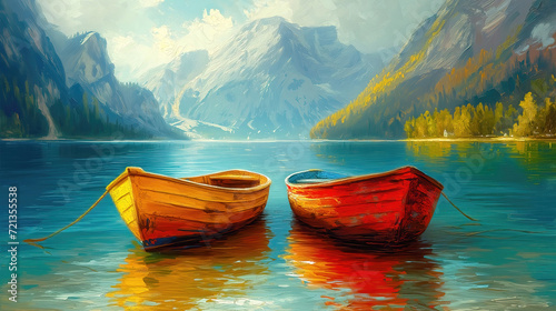 fishing boats on the lake with mountains in the background, oil painting.