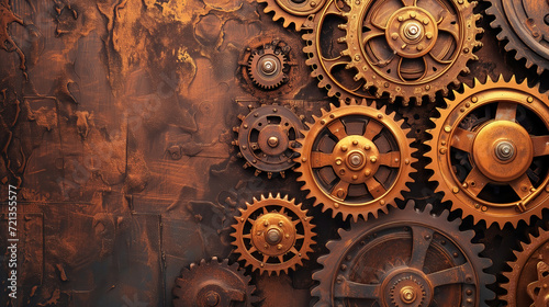 old brass gears metal background in the steam punk style.
