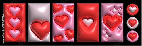 Cute inflated 3d hearts, shiny graphic for valentines day 
