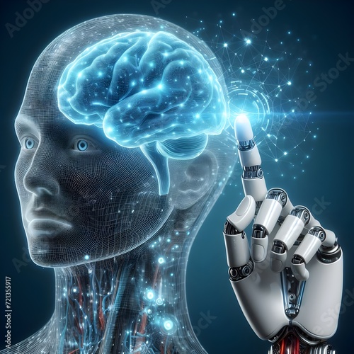 Robot hand touching a human brain, depicting machine learning ,data science, deep learning  photo